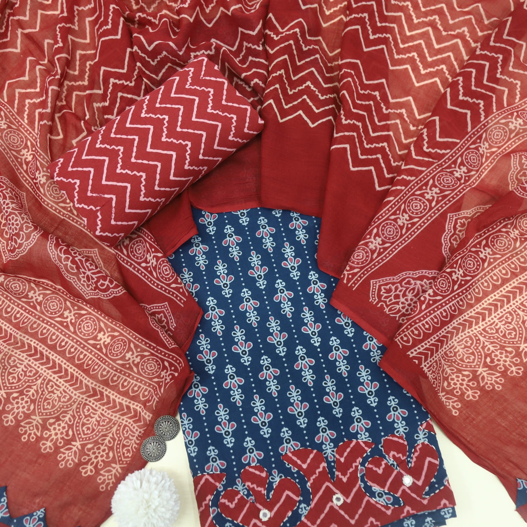 Patang Denim Blue Applique Work with Ajrak Print Cotton Suit Set
