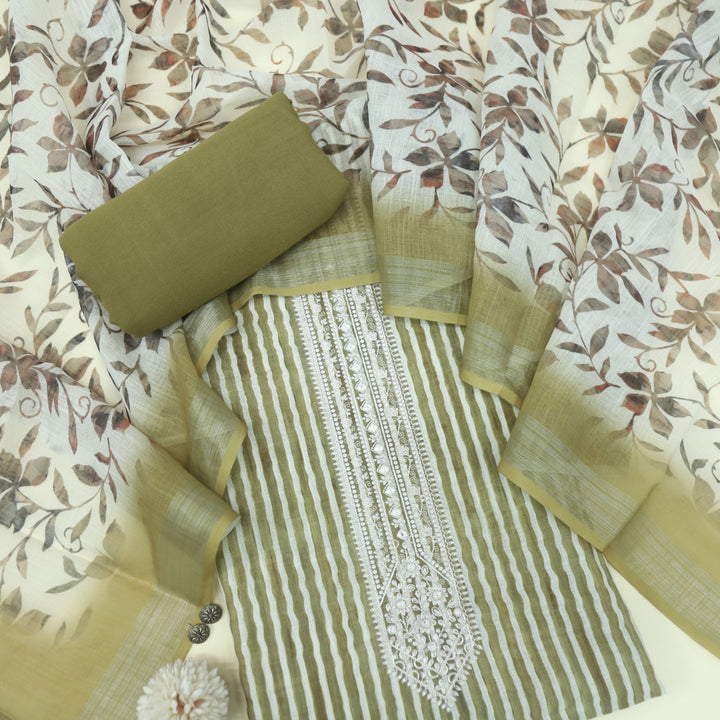 Gujaarish Olive Green Stripe Print with Thread Embroidery Neck Cotton Linen Suit Set