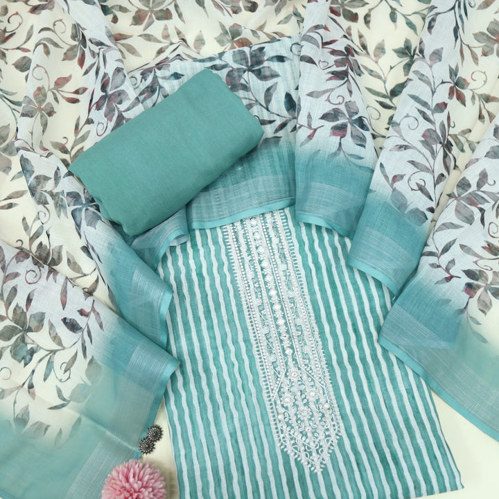 Gujaarish Verdigris Teal Stripe Print with Thread Embroidery Neck Cotton Linen Suit Set