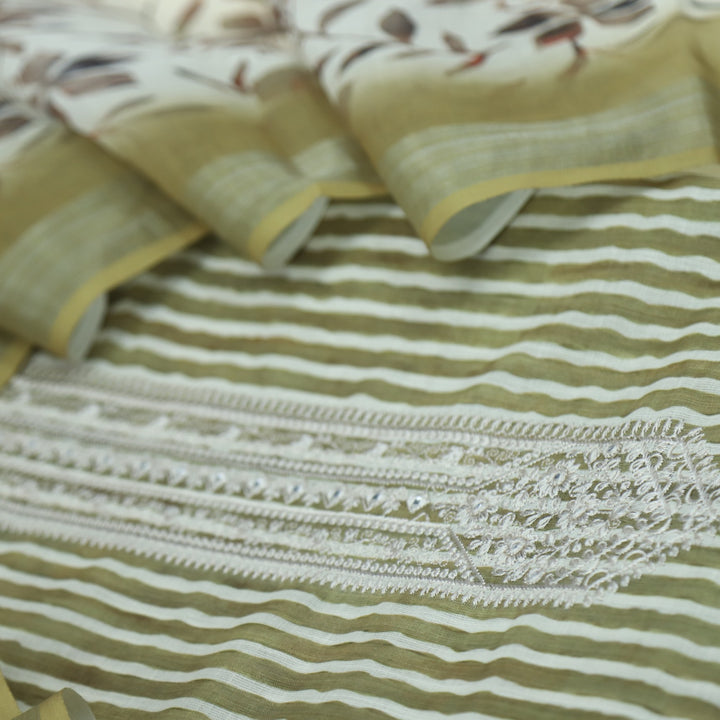 Gujaarish Olive Green Stripe Print with Thread Embroidery Neck Cotton Linen Suit Set