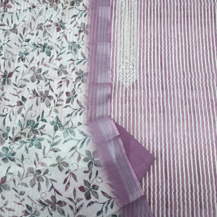 Gujaarish Purple Stripe Print with Thread Embroidery Neck Cotton Linen Suit Set