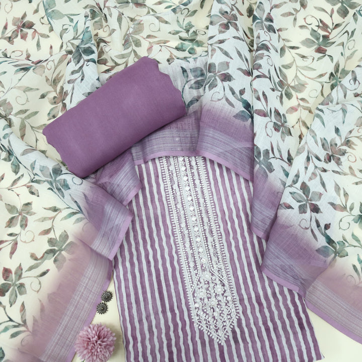 Gujaarish Purple Stripe Print with Thread Embroidery Neck Cotton Linen Suit Set