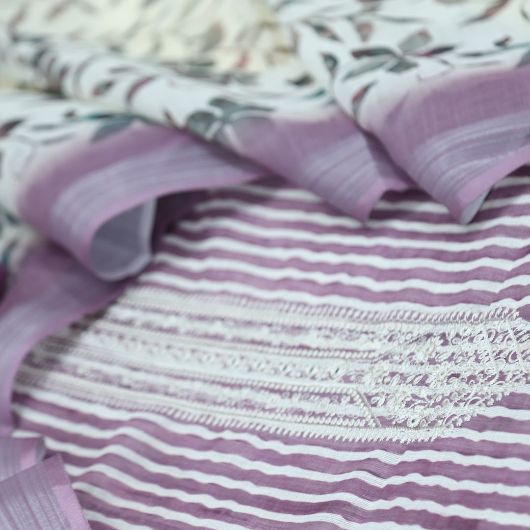 Gujaarish Purple Stripe Print with Thread Embroidery Neck Cotton Linen Suit Set