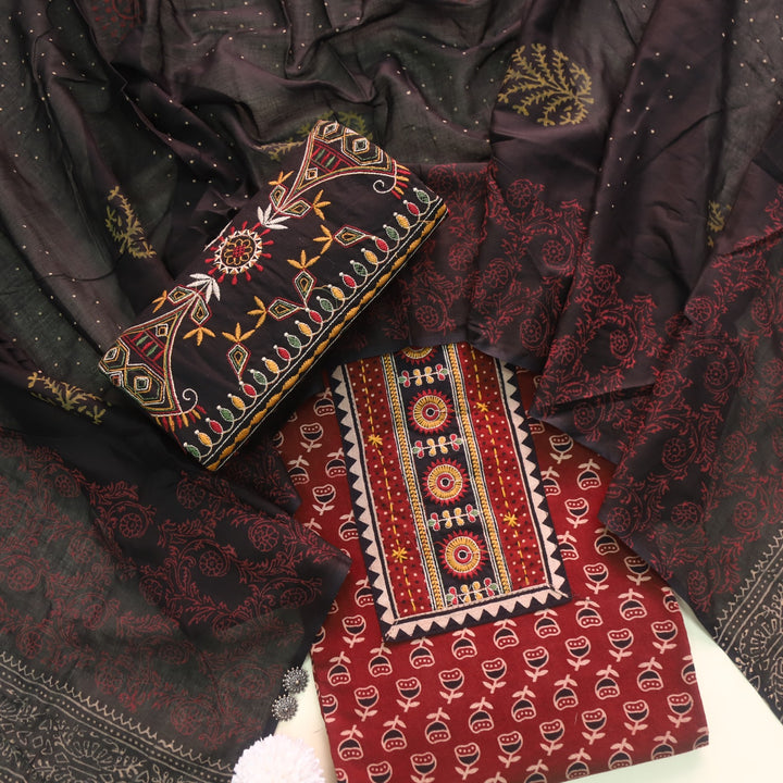 Khairiyat Ruby Red Kutch Work Inspired Cotton Suit Set