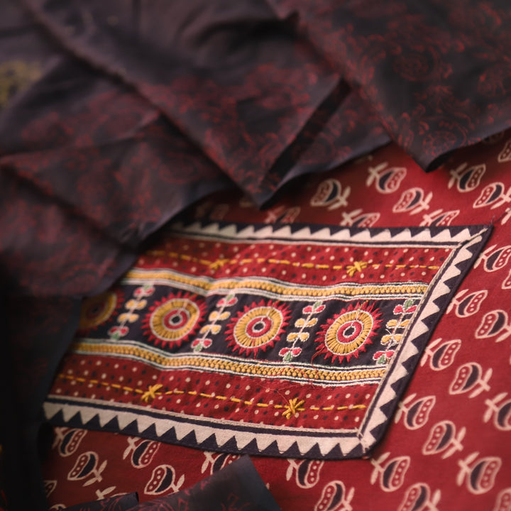 Khairiyat Ruby Red Kutch Work Inspired Cotton Suit Set