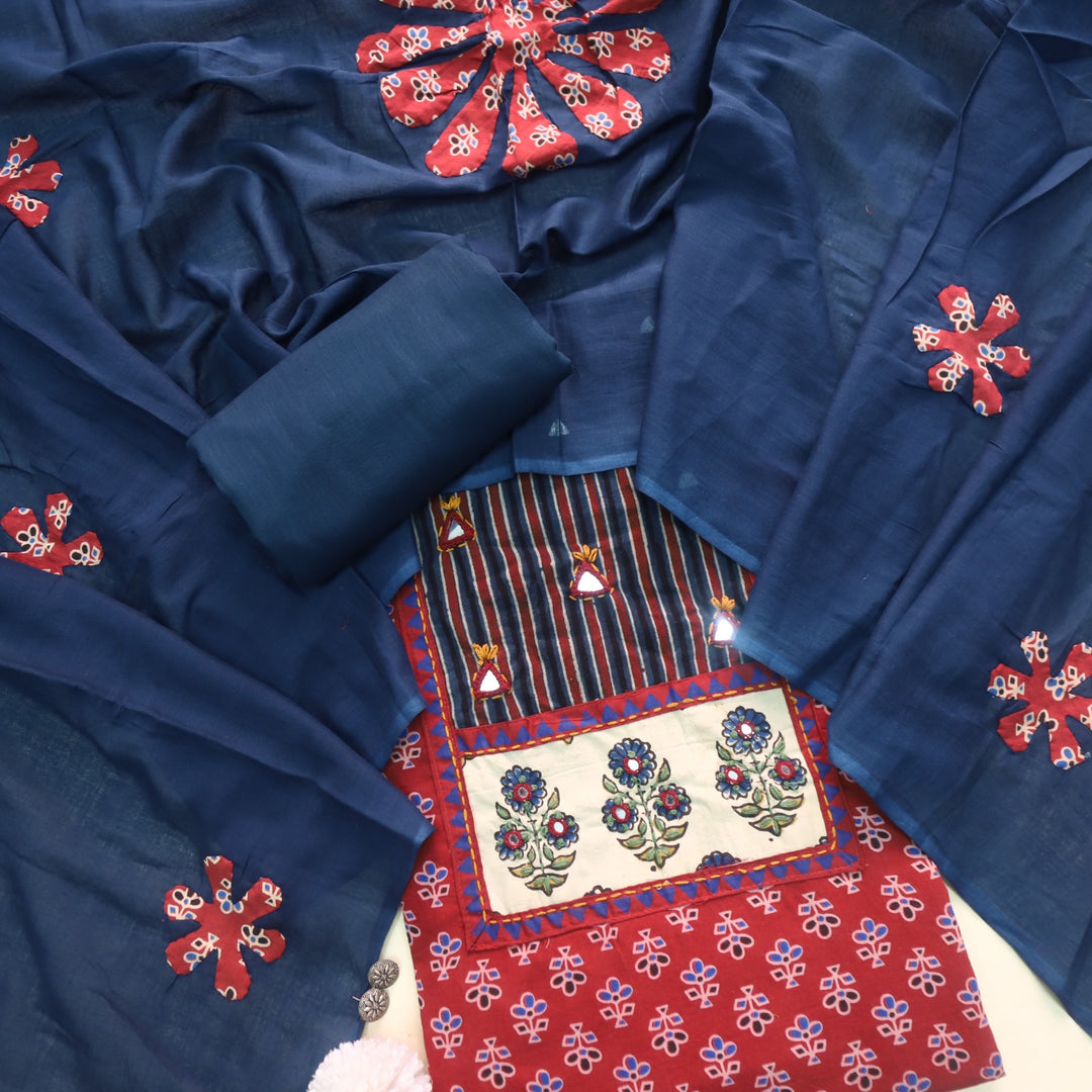 Hayaat Apple Red Mirror Work Ajrak Printed Cotton Suit Set