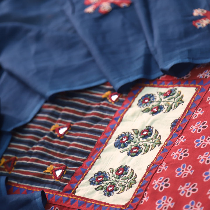 Hayaat Apple Red Mirror Work Ajrak Printed Cotton Suit Set