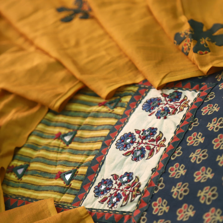 Hayaat Forest Green Mirror Work Ajrak Printed Cotton Suit Set