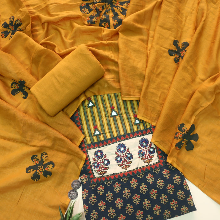 Hayaat Forest Green Mirror Work Ajrak Printed Cotton Suit Set