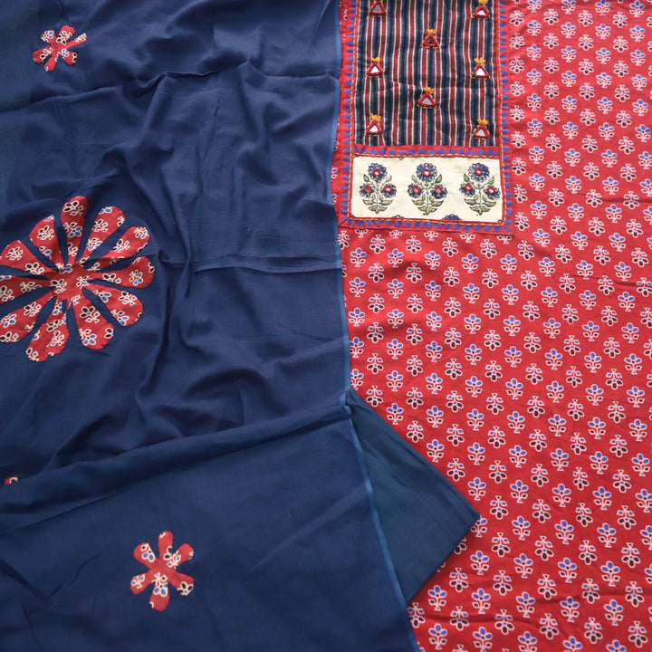 Hayaat Apple Red Mirror Work Ajrak Printed Cotton Suit Set