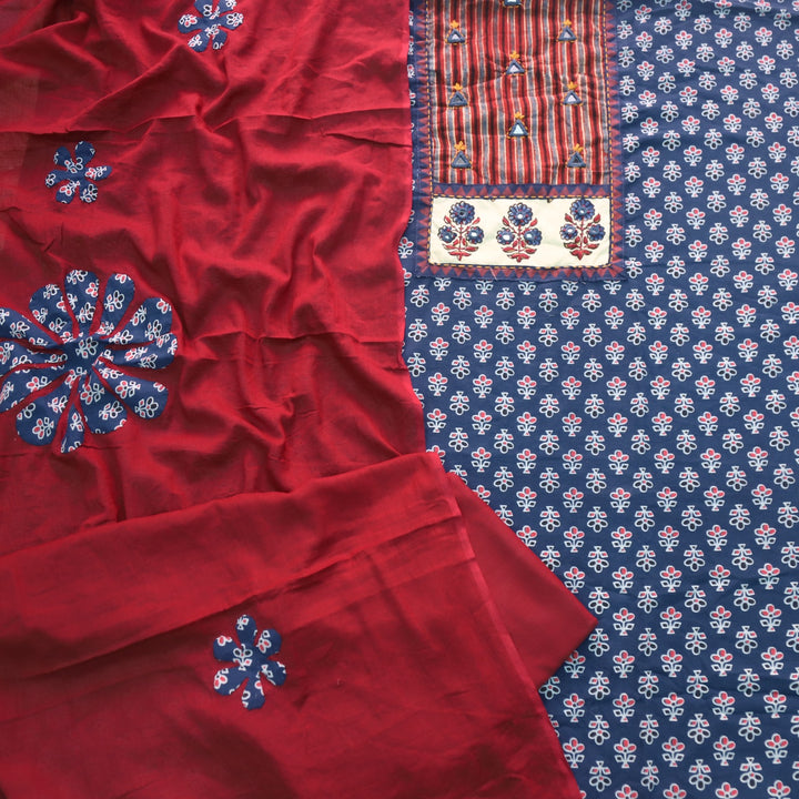 Hayaat Space Blue Mirror Work Ajrak Printed Cotton Suit Set
