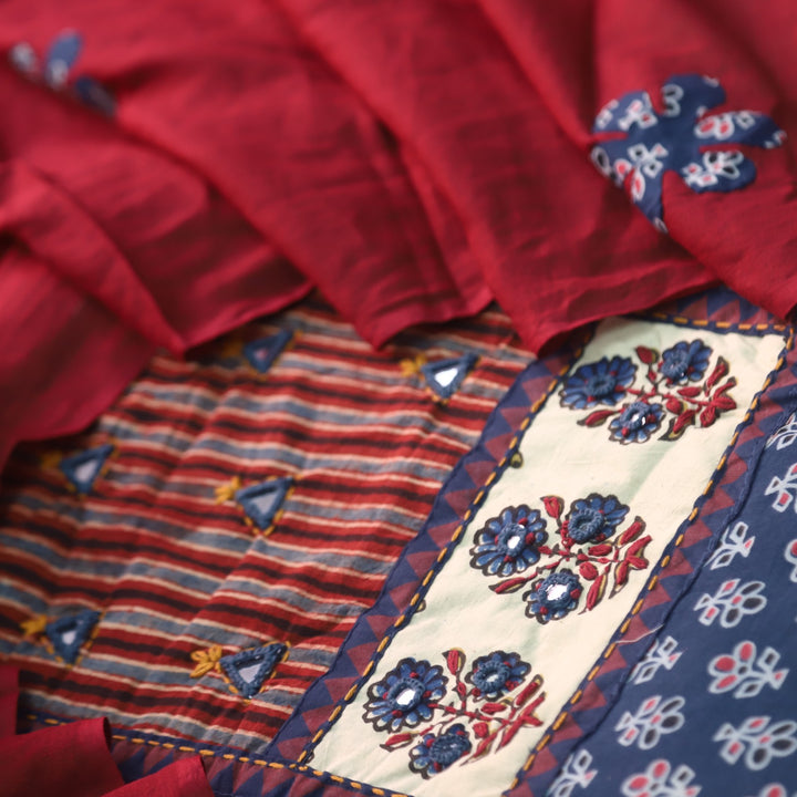 Hayaat Space Blue Mirror Work Ajrak Printed Cotton Suit Set