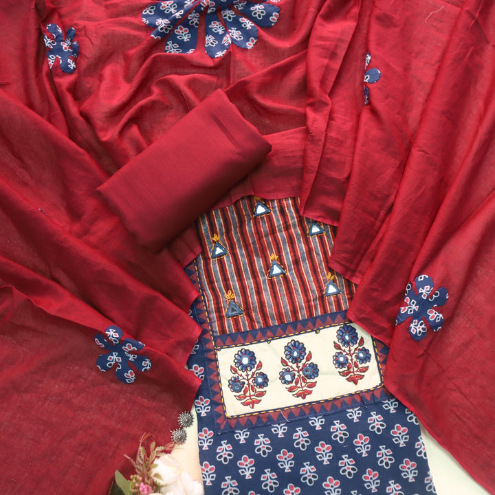 Hayaat Space Blue Mirror Work Ajrak Printed Cotton Suit Set