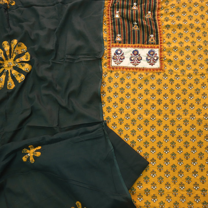 Hayaat Dijon Yellow Mirror Work Ajrak Printed Cotton Suit Set