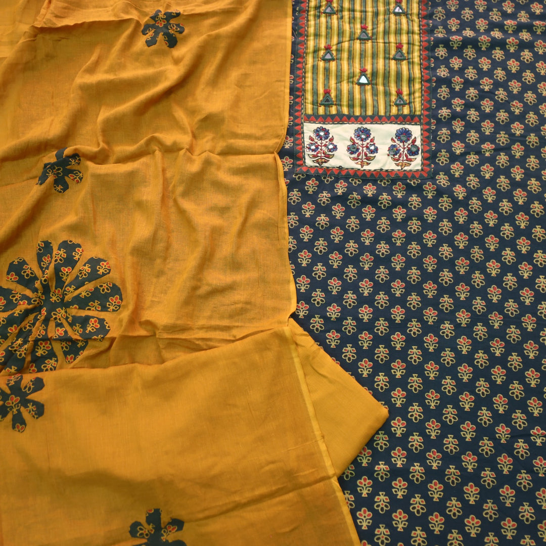 Hayaat Forest Green Mirror Work Ajrak Printed Cotton Suit Set