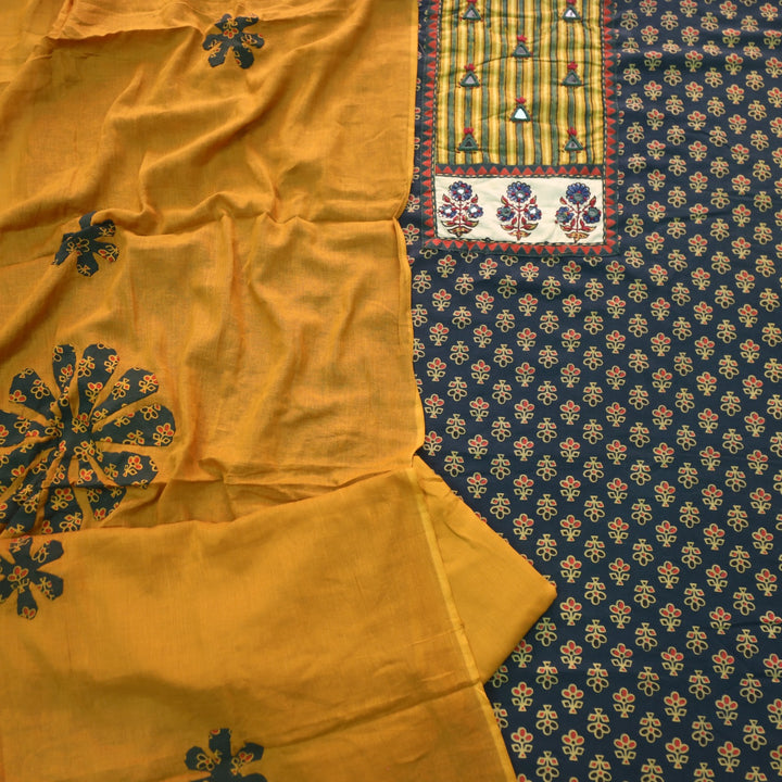Hayaat Forest Green Mirror Work Ajrak Printed Cotton Suit Set