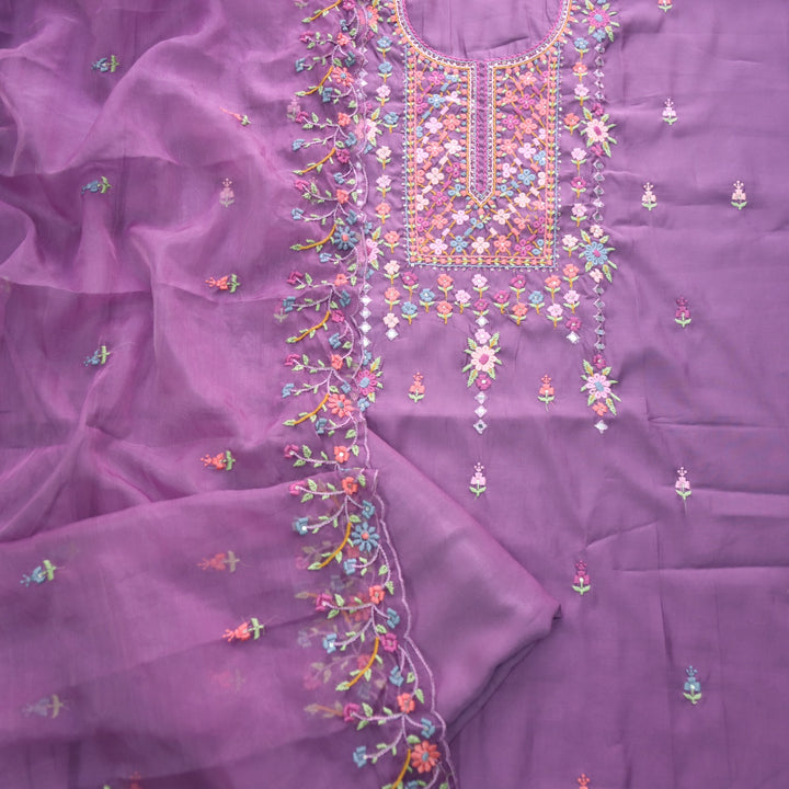 Ehtiyaat Wine Purple Thread work Neck Cotton Silk Suit Set