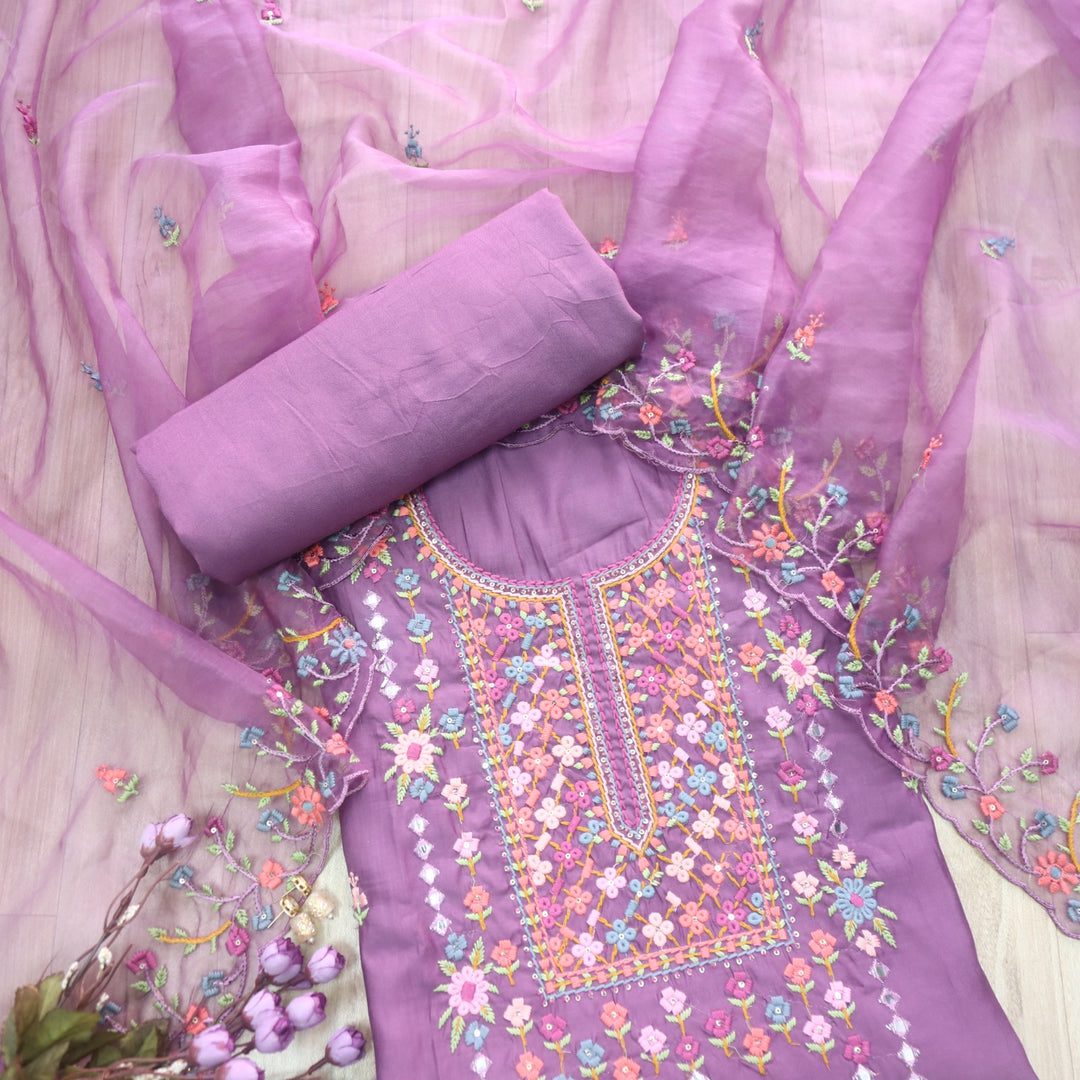 Ehtiyaat Wine Purple Thread work Neck Cotton Silk Suit Set