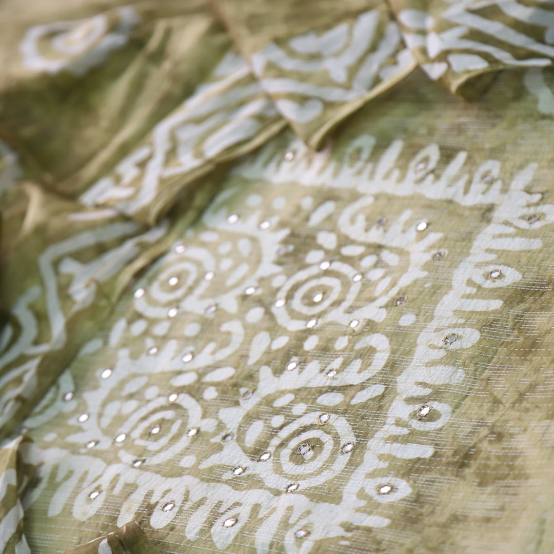 Gulshan Mustard Yellow Mirror Work with Running Stitch Printed Cotton Suit Set