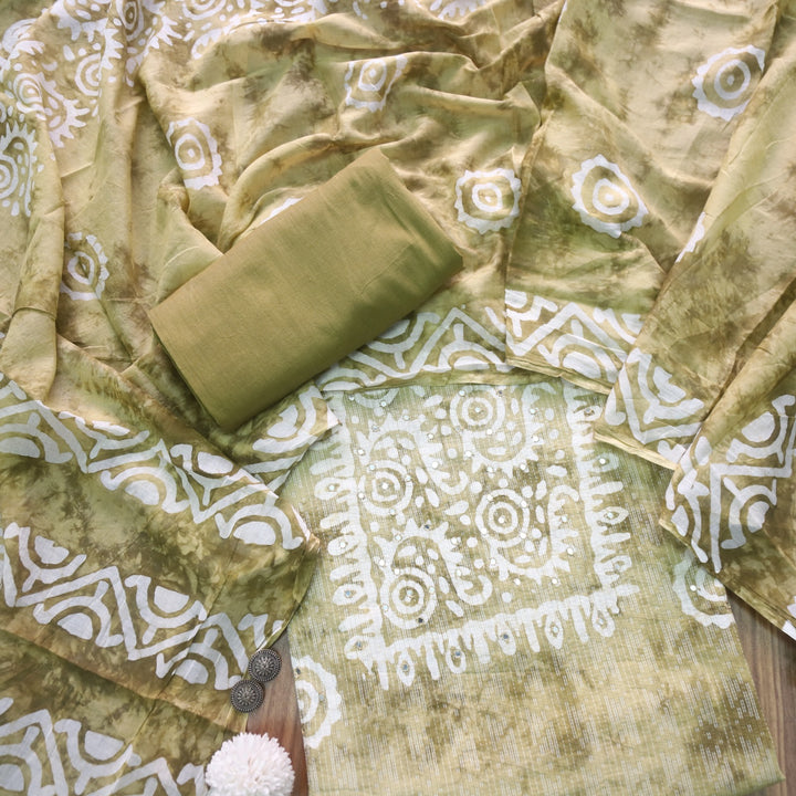 Gulshan Mustard Yellow Mirror Work with Running Stitch Printed Cotton Suit Set