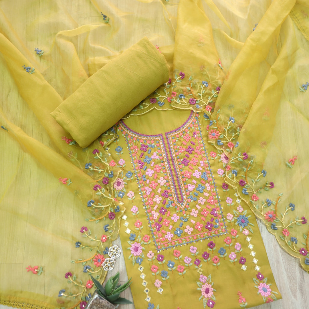 Ehtiyaat Olive Green Thread work Neck Cotton Silk Suit Set