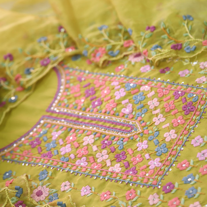 Ehtiyaat Olive Green Thread work Neck Cotton Silk Suit Set