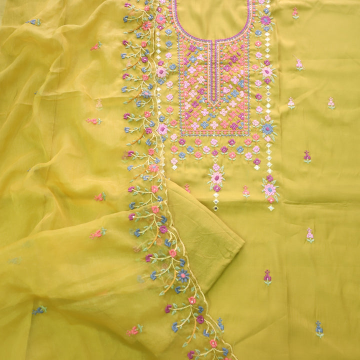 Ehtiyaat Olive Green Thread work Neck Cotton Silk Suit Set