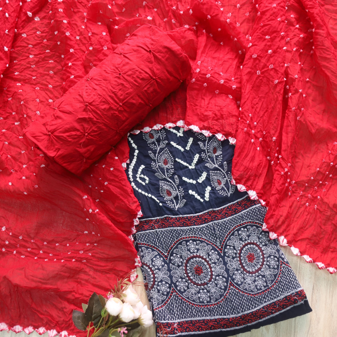 Bandegi Denim Blue Authentic Bandhej with Thread Work Cotton Suit Set