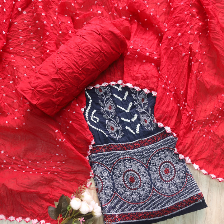 Bandegi Denim Blue Authentic Bandhej with Thread Work Cotton Suit Set