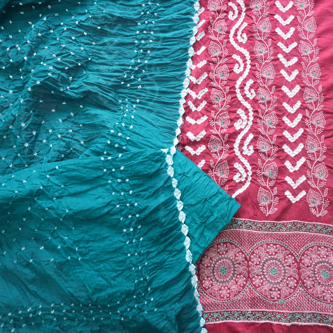 Bandegi Nude Crimson Pink Authentic Bandhej with Thread Work Cotton Suit Set