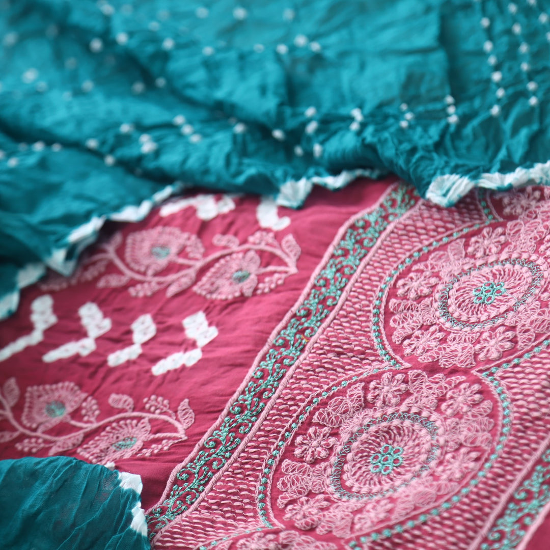 Bandegi Nude Crimson Pink Authentic Bandhej with Thread Work Cotton Suit Set