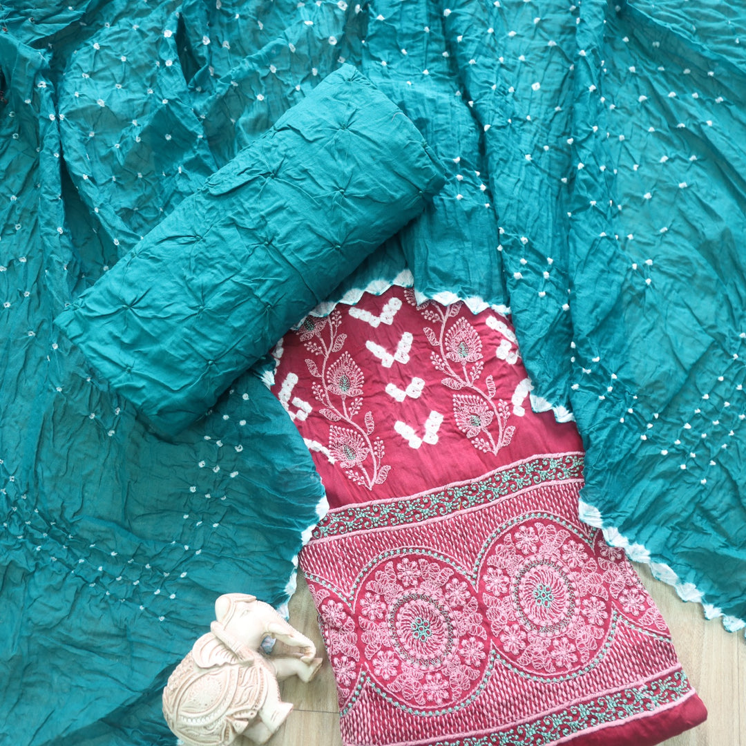 Bandegi Nude Crimson Pink Authentic Bandhej with Thread Work Cotton Suit Set