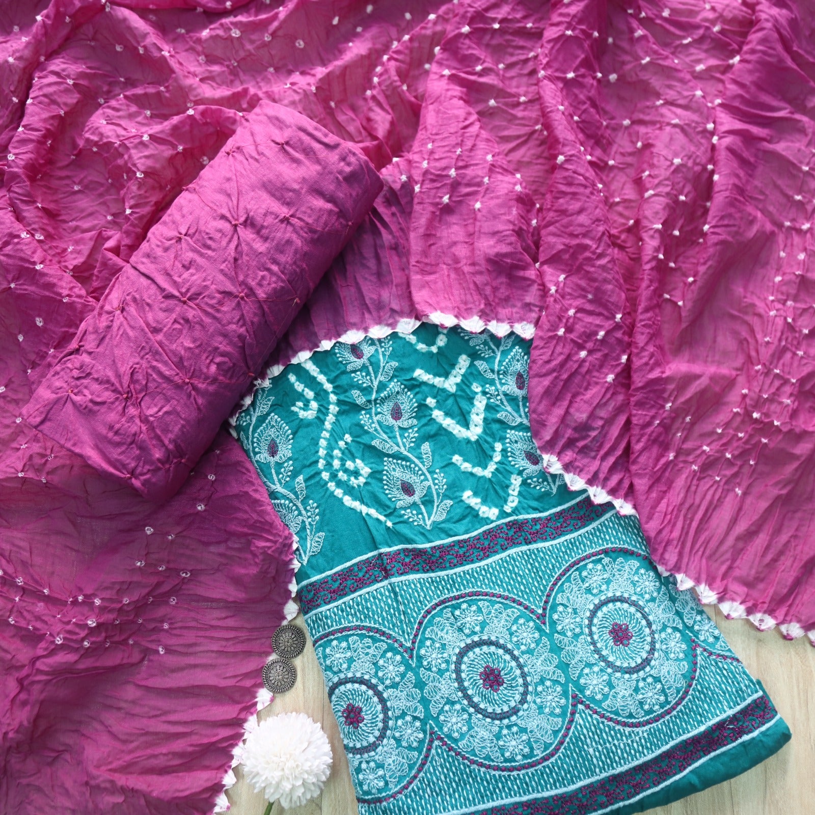 Bandegi Teal Blue Authentic Bandhej with Thread Work Cotton Suit Set ...