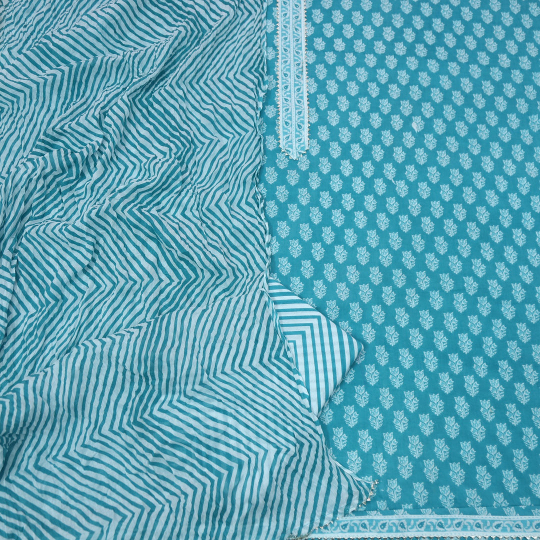 Aafreen Teal Blue Floral Printed with kingri Work Neck Cotton Suit Set