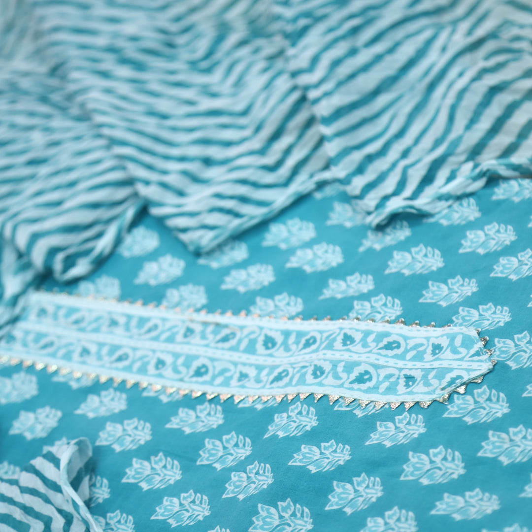 Aafreen Teal Blue Floral Printed with kingri Work Neck Cotton Suit Set