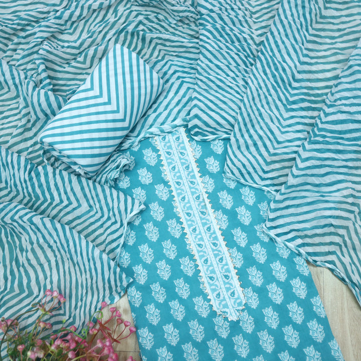 Aafreen Teal Blue Floral Printed with kingri Work Neck Cotton Suit Set