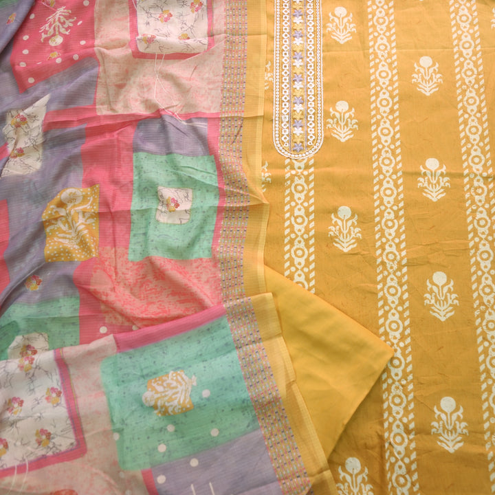 Ruhaayi Dijon Yellow Patch Lace Neck Work Print Glazed Cotton Suit Set D3