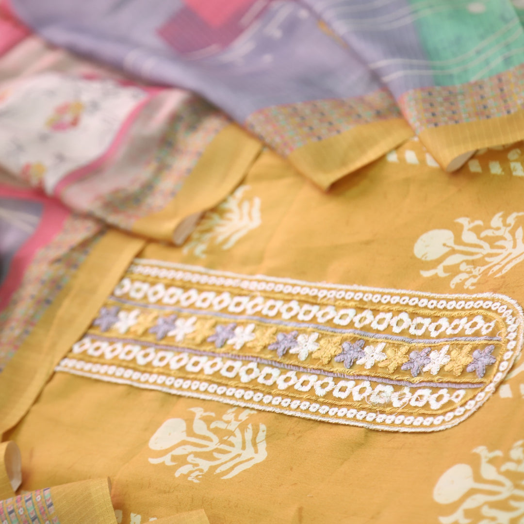 Ruhaayi Dijon Yellow Patch Lace Neck Work Print Glazed Cotton Suit Set D3