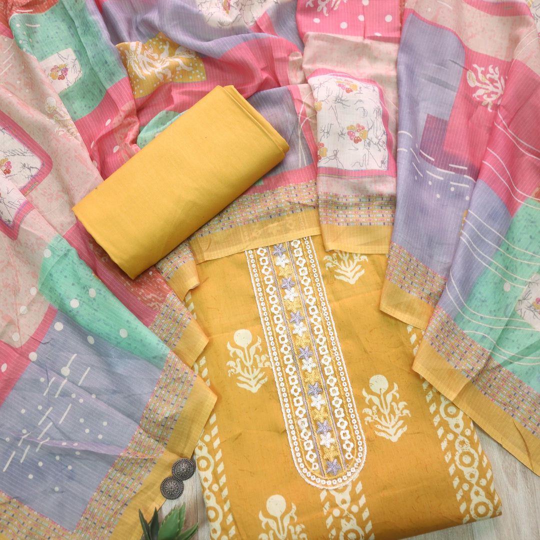 Ruhaayi Dijon Yellow Patch Lace Neck Work Print Glazed Cotton Suit Set D3