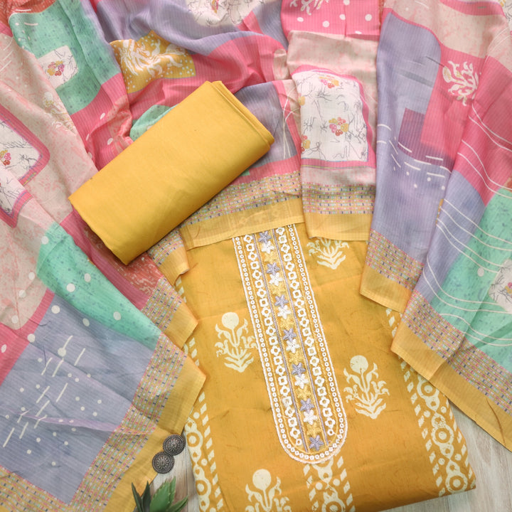 Ruhaayi Dijon Yellow Patch Lace Neck Work Print Glazed Cotton Suit Set D3