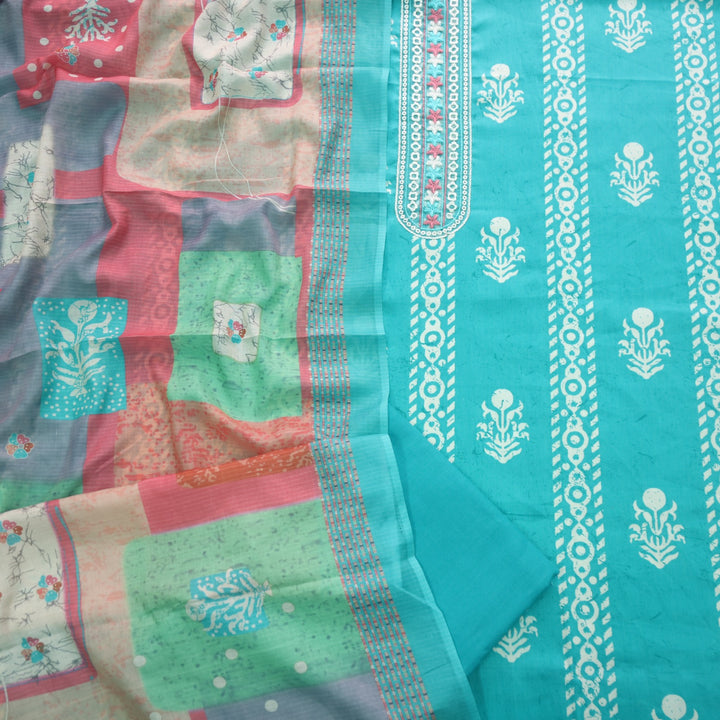 Ruhaayi Aqua Blue Patch Lace Neck Work Print Glazed Cotton Suit Set D3