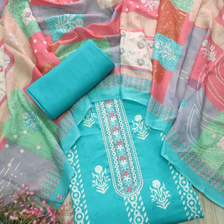 Ruhaayi Aqua Blue Patch Lace Neck Work Print Glazed Cotton Suit Set D3