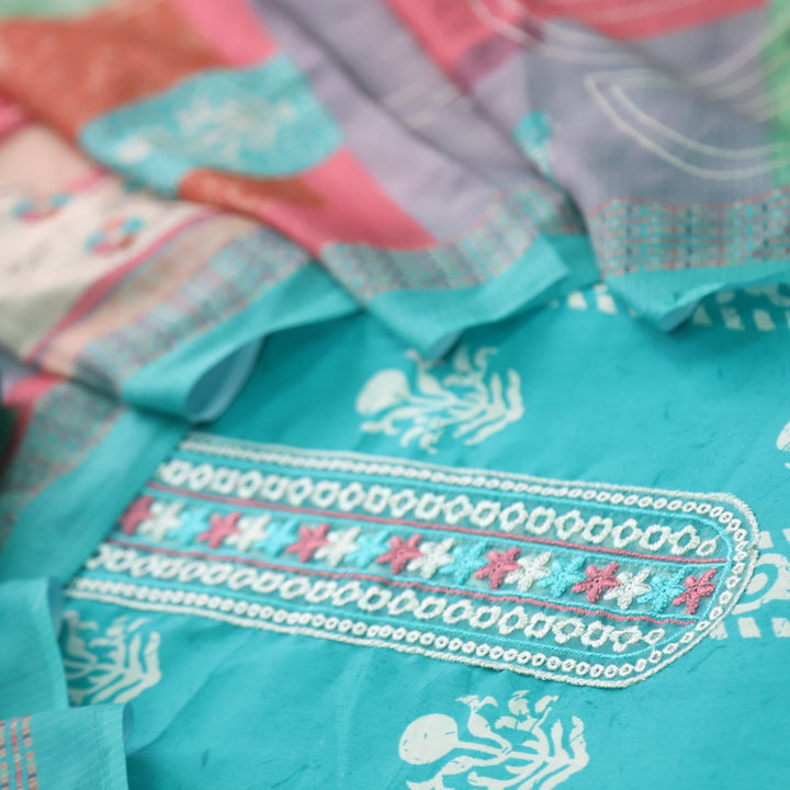 Ruhaayi Aqua Blue Patch Lace Neck Work Print Glazed Cotton Suit Set D3