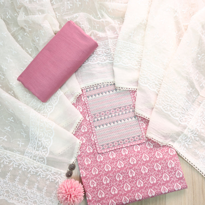 Sarkaare Rouge Pink Thread Work with Sequence Digital Printed Cotton Suit Set
