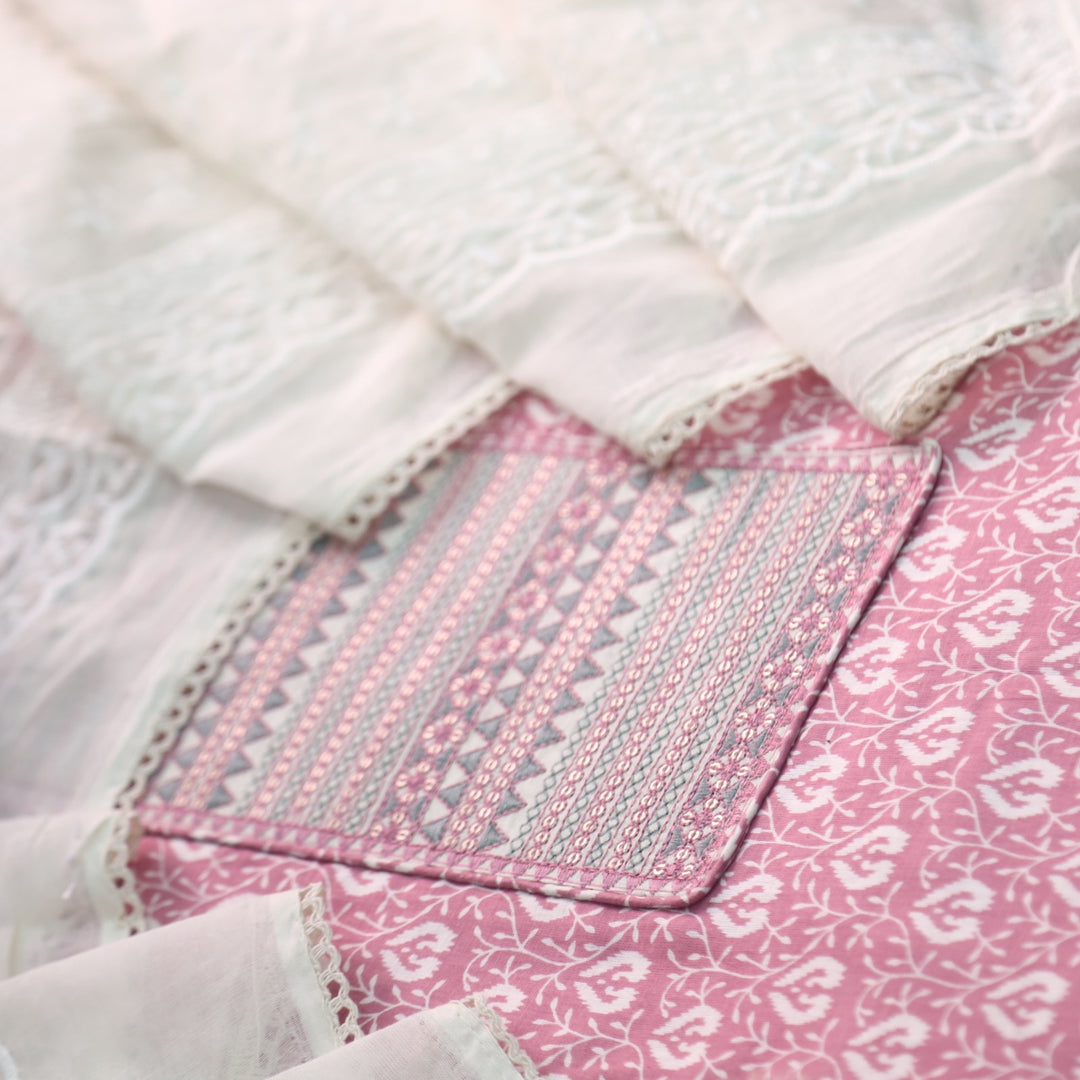 Sarkaare Rouge Pink Thread Work with Sequence Digital Printed Cotton Suit Set