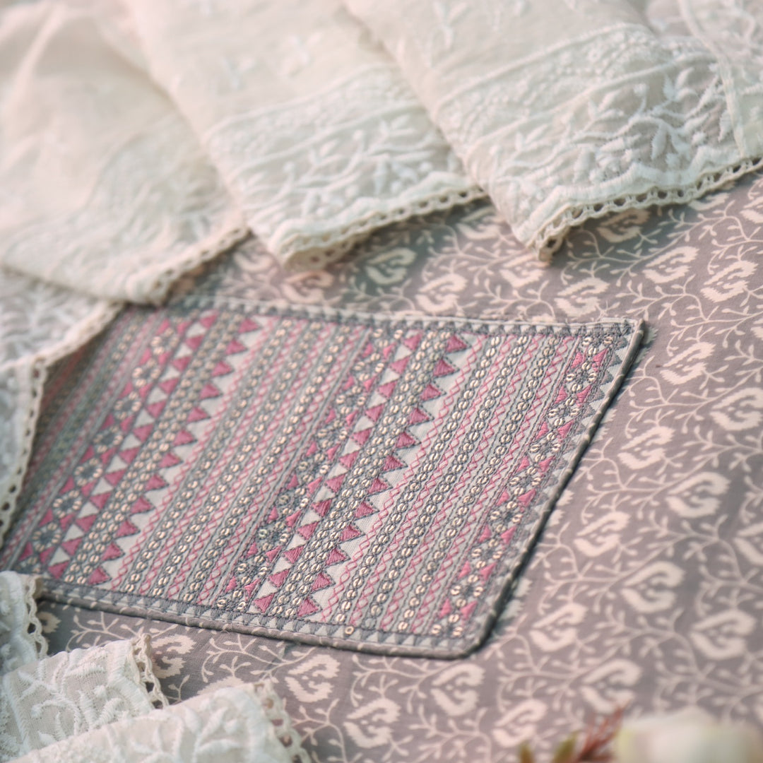 Sarkaare Grey Thread Work with Sequence Digital Printed Cotton Suit Set