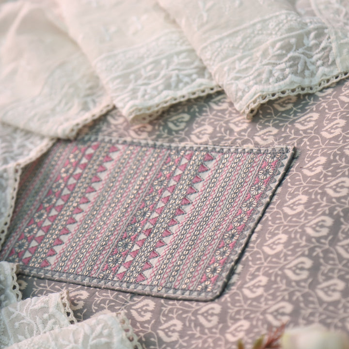 Sarkaare Grey Thread Work with Sequence Digital Printed Cotton Suit Set