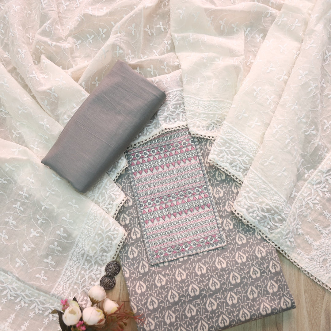 Sarkaare Grey Thread Work with Sequence Digital Printed Cotton Suit Set