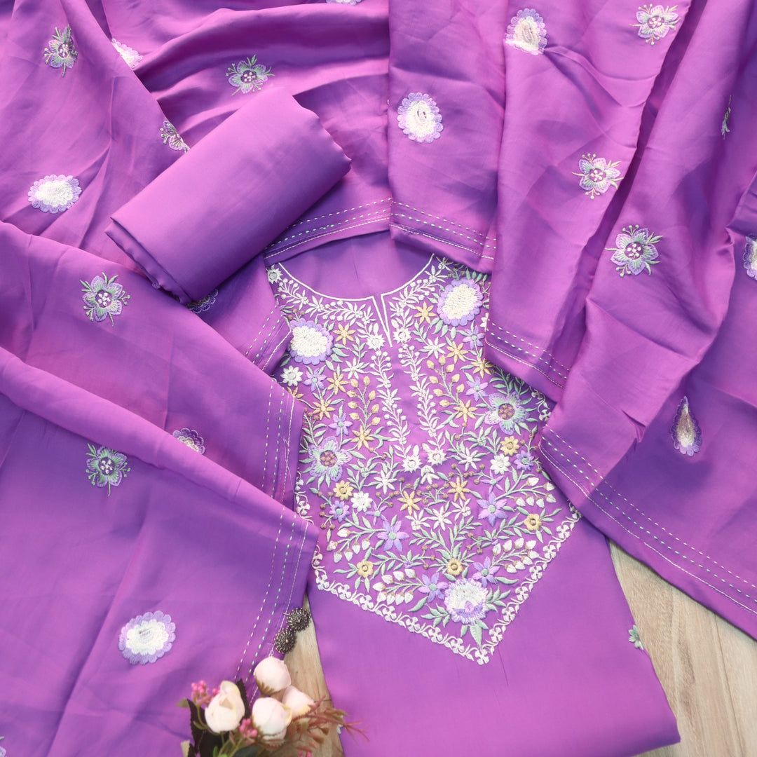 Afreen Violet Purple Thread Embroidery Neck Work Modal Suit Set