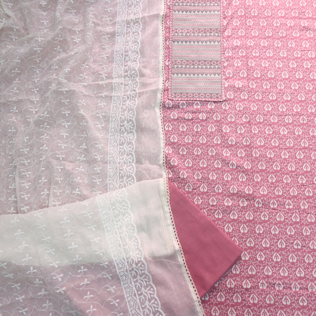Sarkaare Rouge Pink Thread Work with Sequence Digital Printed Cotton Suit Set